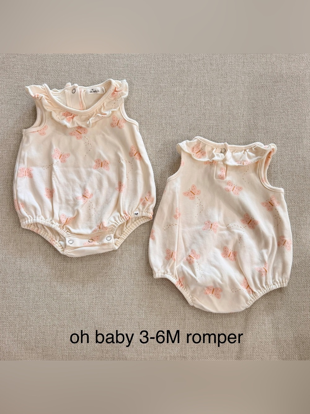 Oh Baby Cream Romper with Pink Butterfly Print (3-6M) | Twin Baby Girl Matching